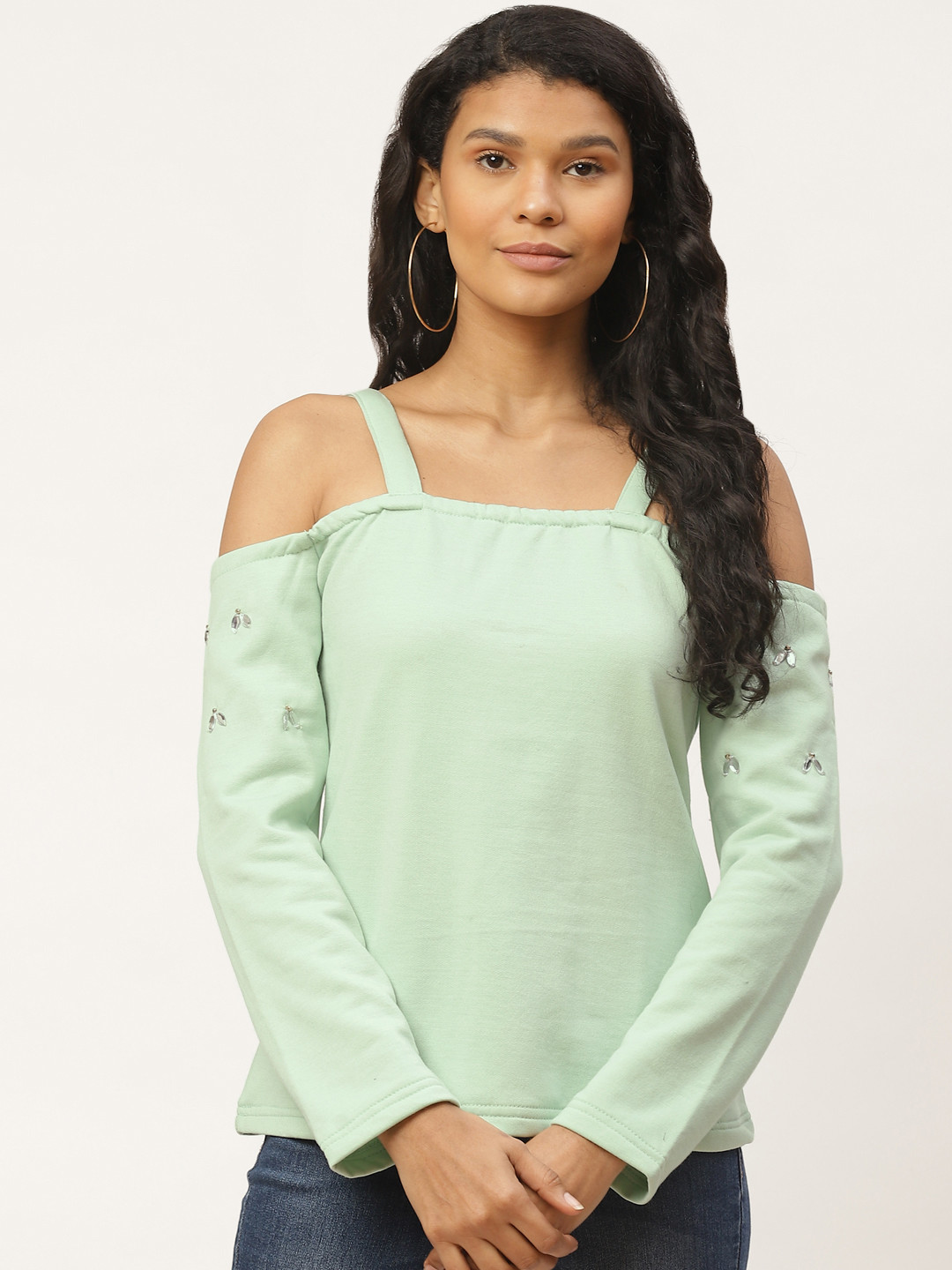 

Belle Fille Women Sea Green Solid Cold-Shoulder Sweatshirt
