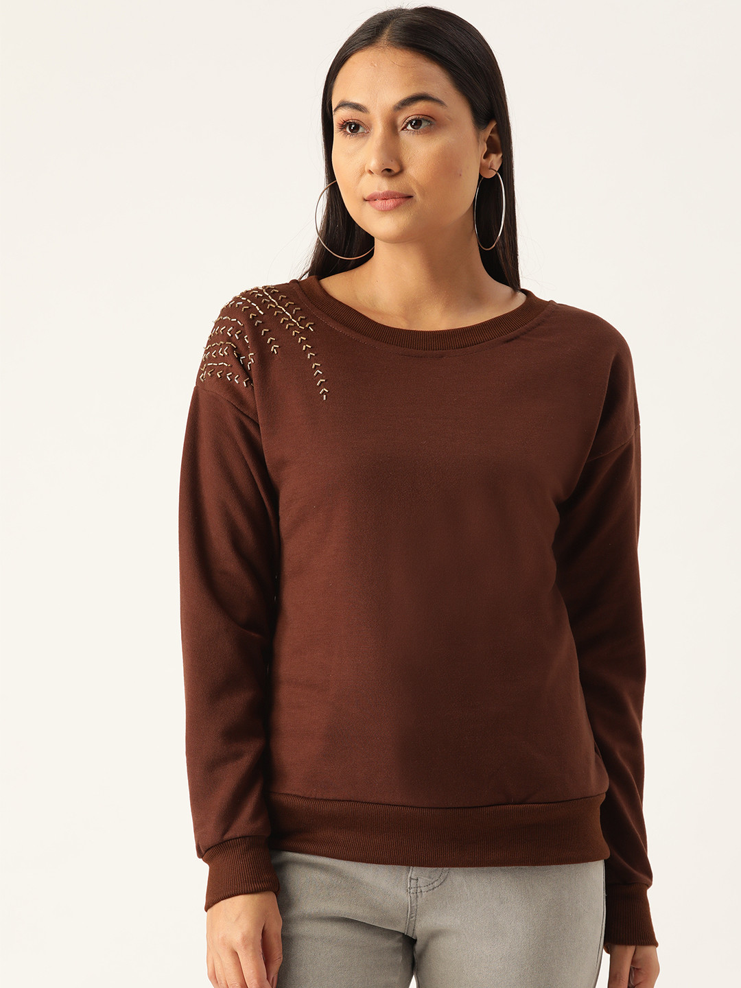 

Belle Fille Coffee Brown Solid Sweatshirt with Embellished Detail