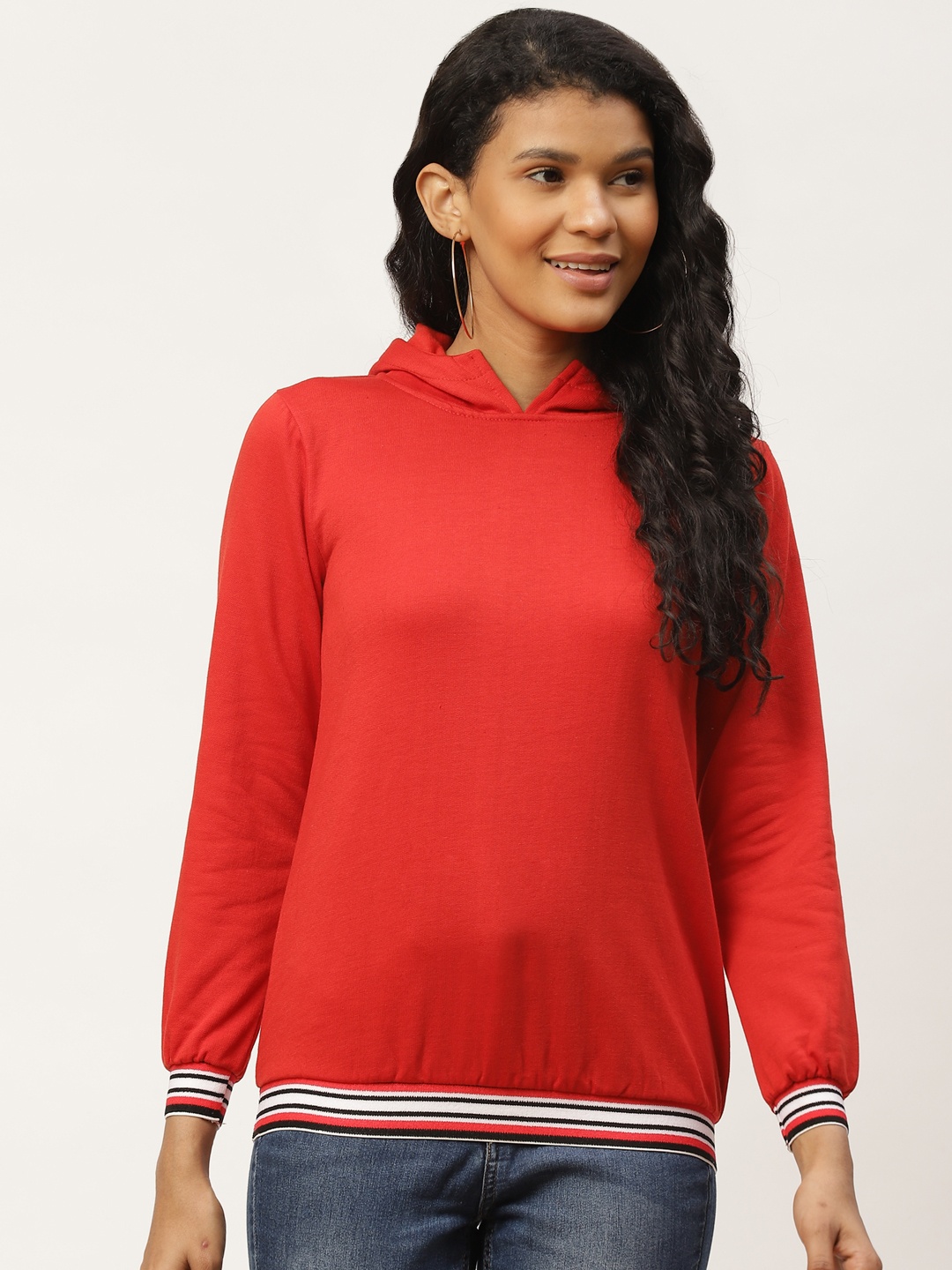

Belle Fille Women Red Solid Hooded Sweatshirt