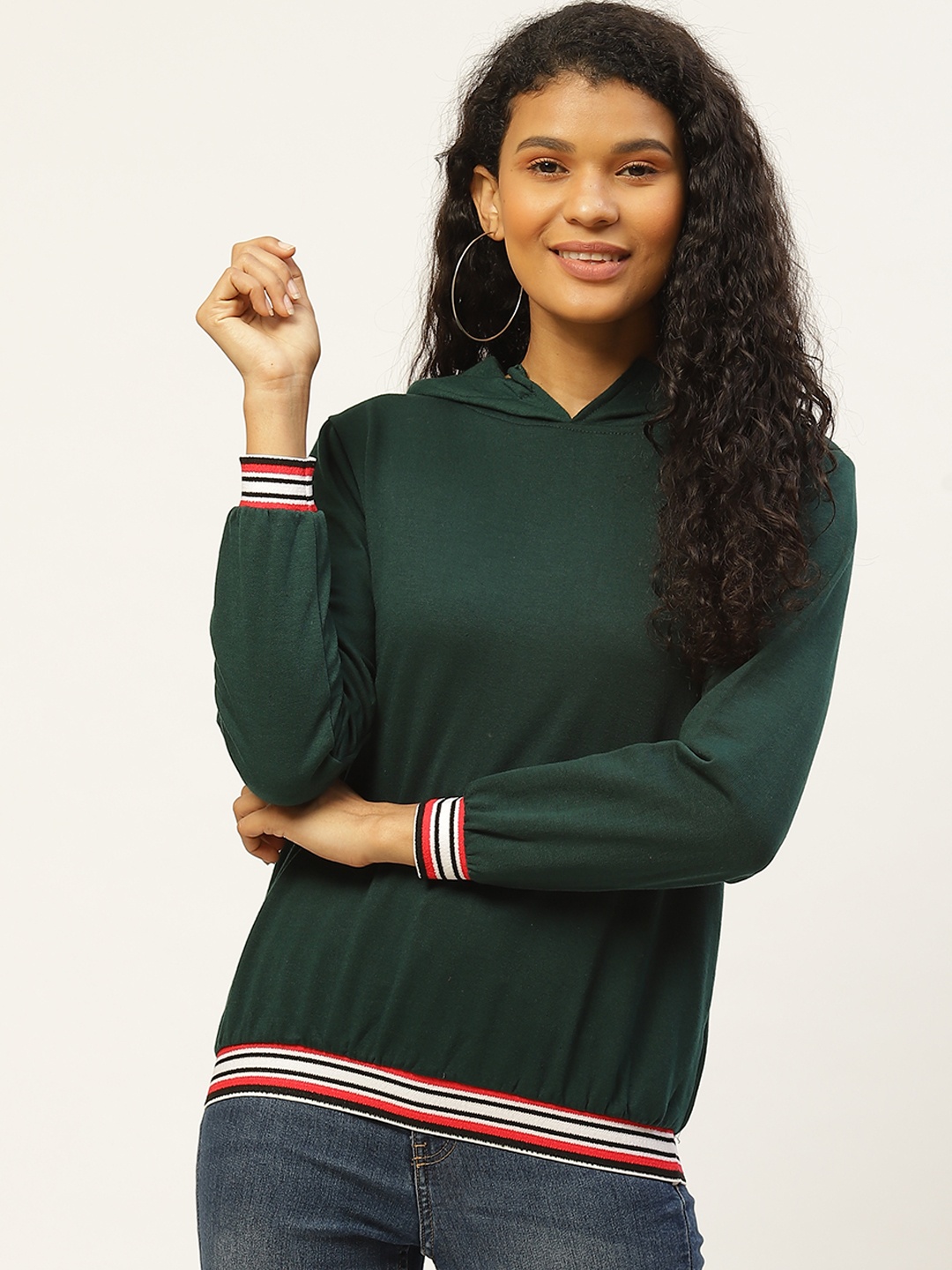 

Belle Fille Women Green Solid Hooded Sweatshirt