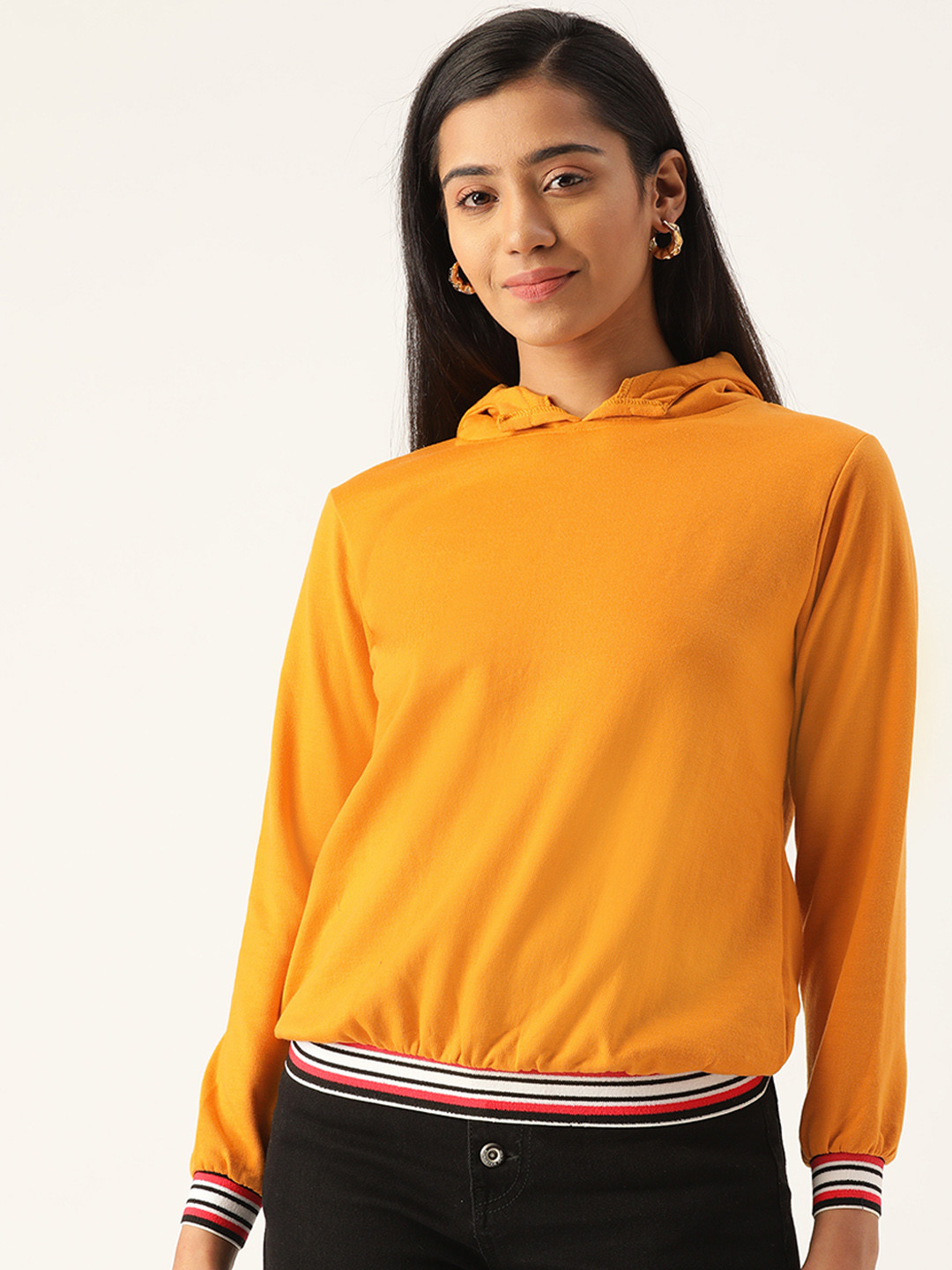 

Belle Fille Women Mustard Yellow Hooded Solid Sweatshirt