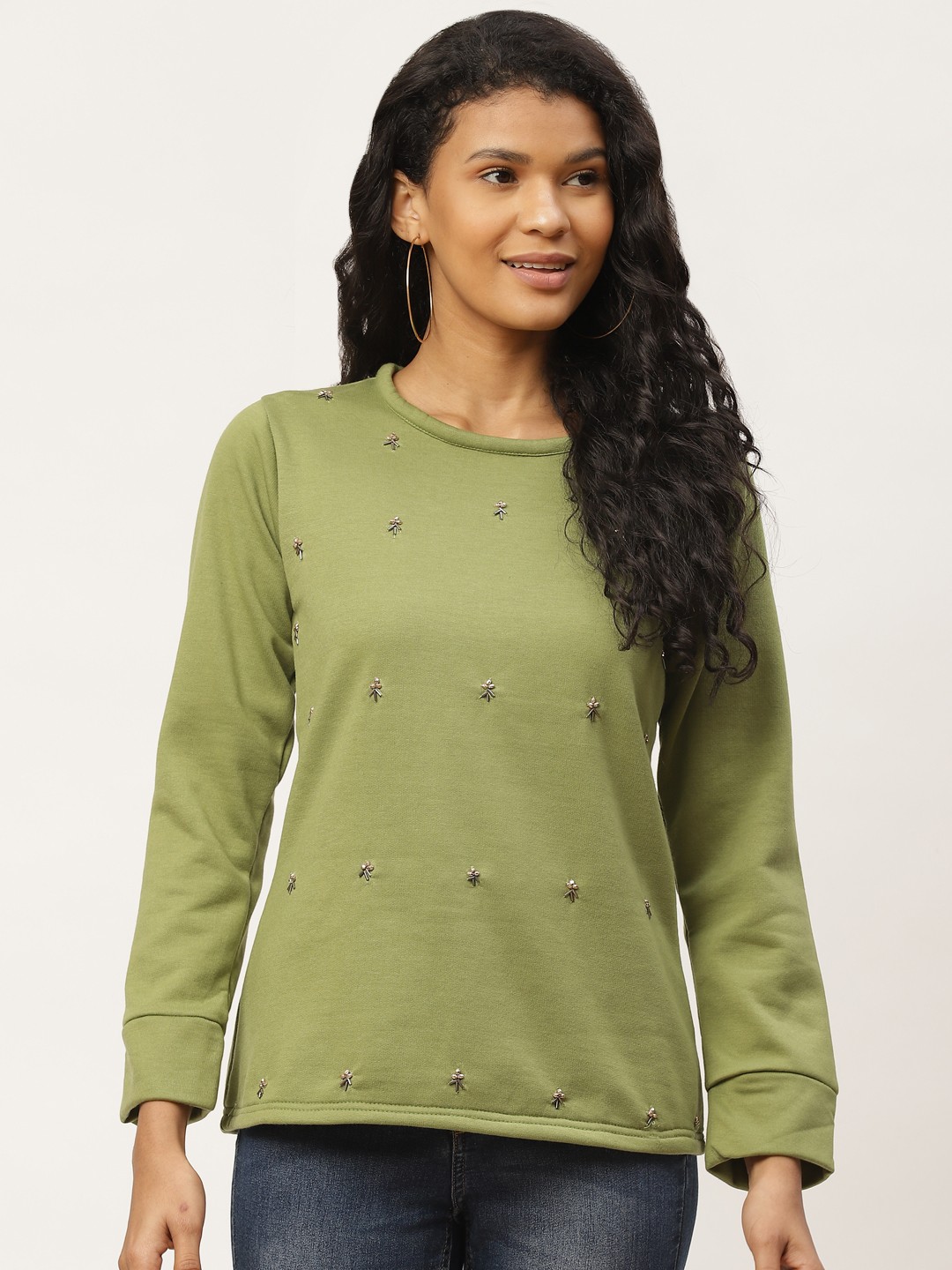 

Belle Fille Women Olive Green Embellished Sweatshirt