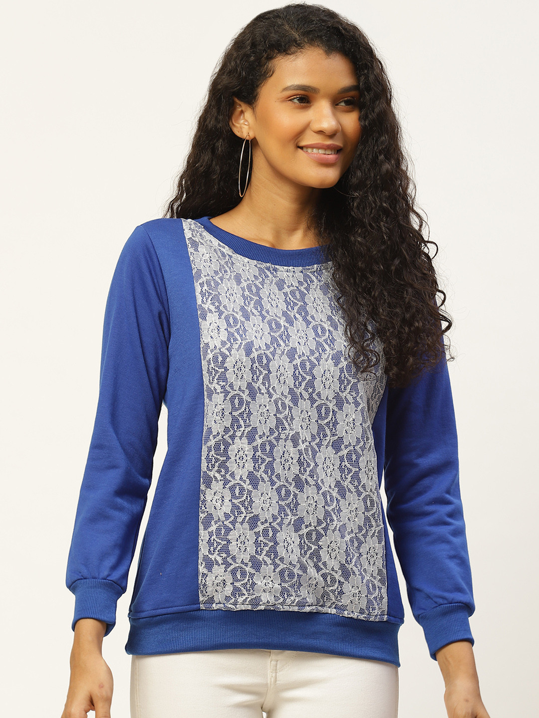 

Belle Fille Women Blue & White Lace Panelled Sweatshirt