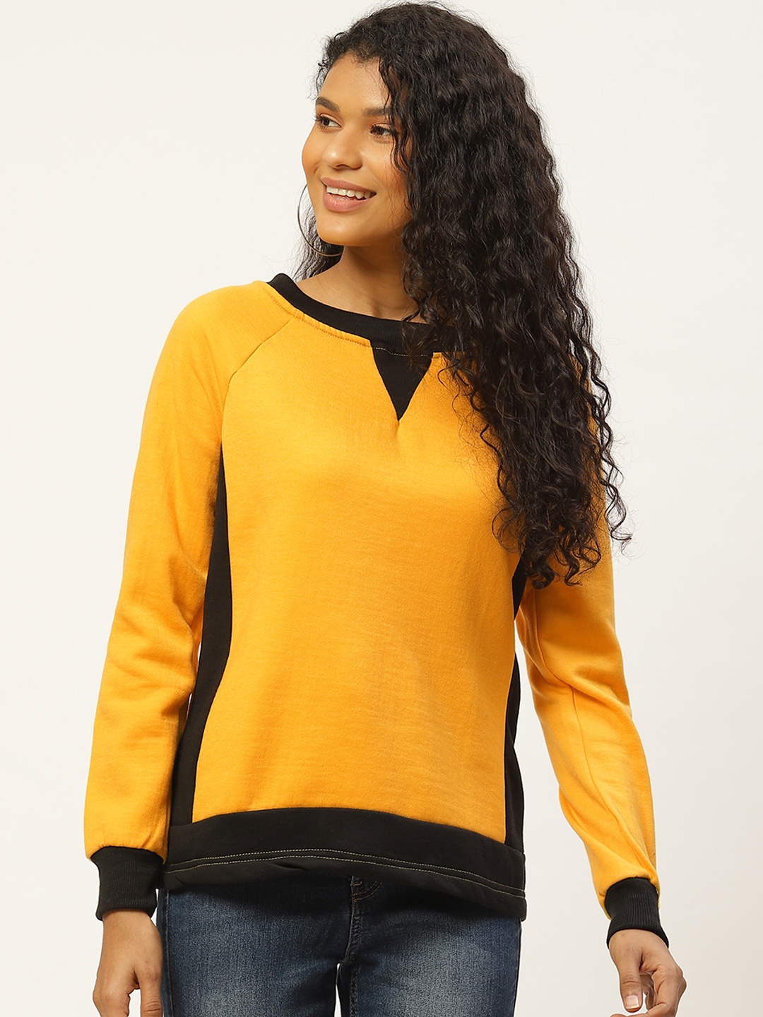 

Belle Fille Women Mustard Yellow & Black Solid Sweatshirt