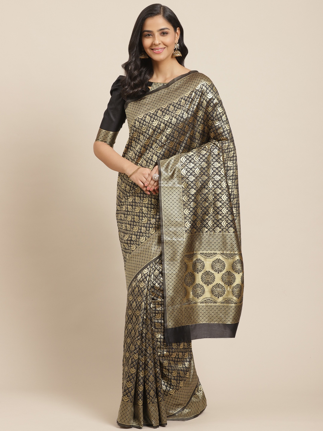 

Mitera Black & Golden Zari Woven Design Kanjeevaram Saree