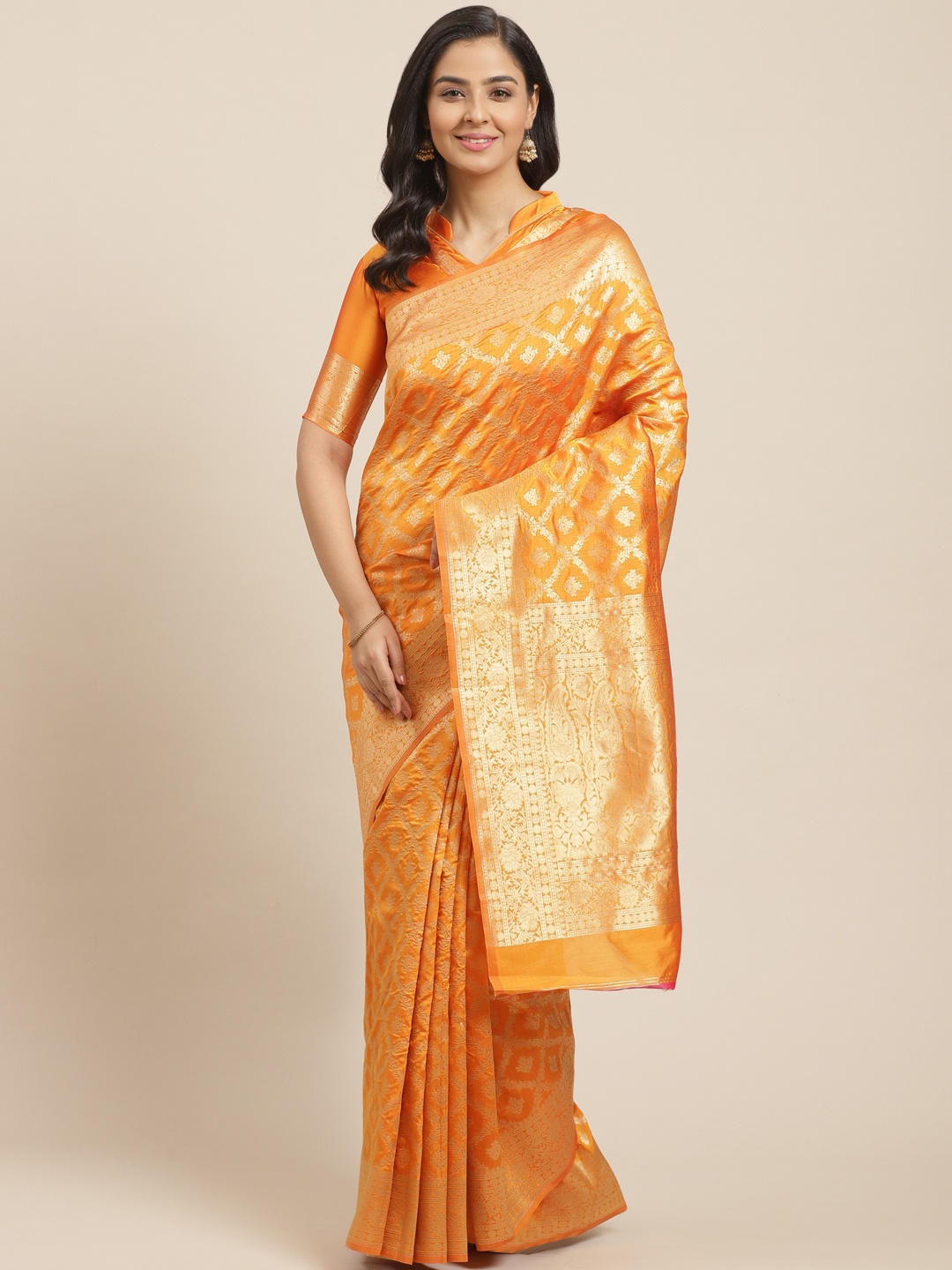 

Mitera Mustard Yellow & Golden Zari Woven Design Kanjeevaram Saree