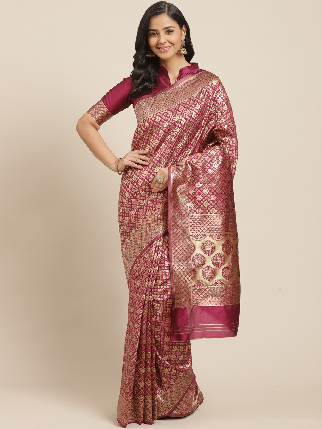 

Mitera Magenta & Golden Zari Woven Design Kanjeevaram Saree