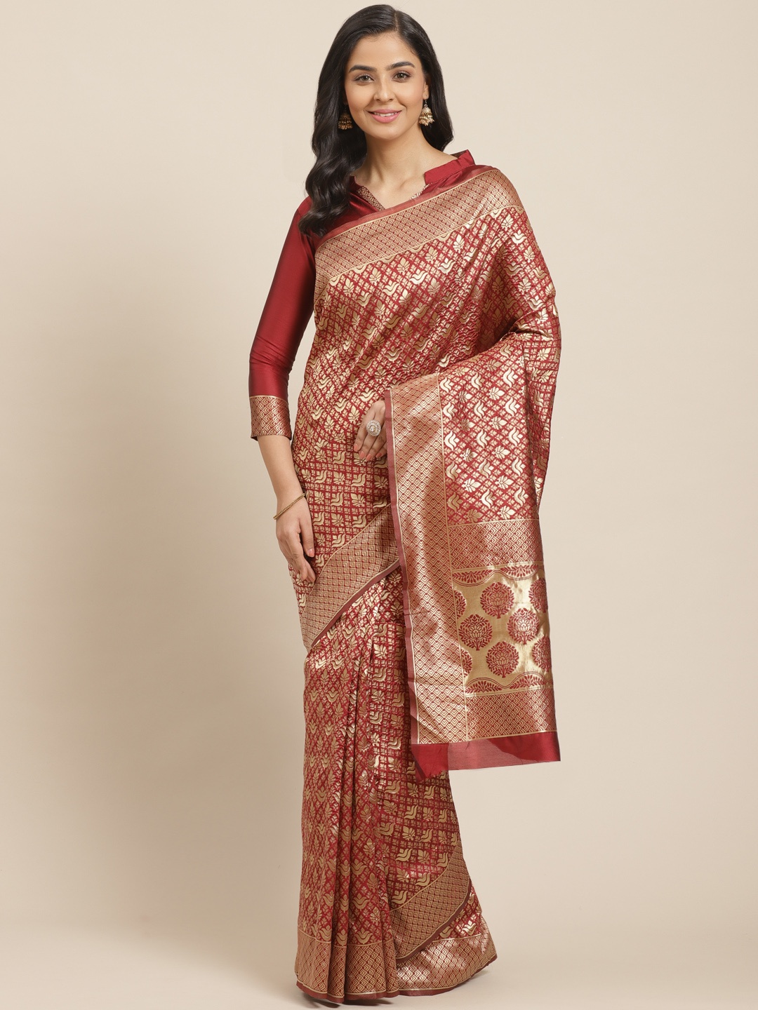 

Mitera Maroon & Golden Zari Woven Design Kanjeevaram Saree