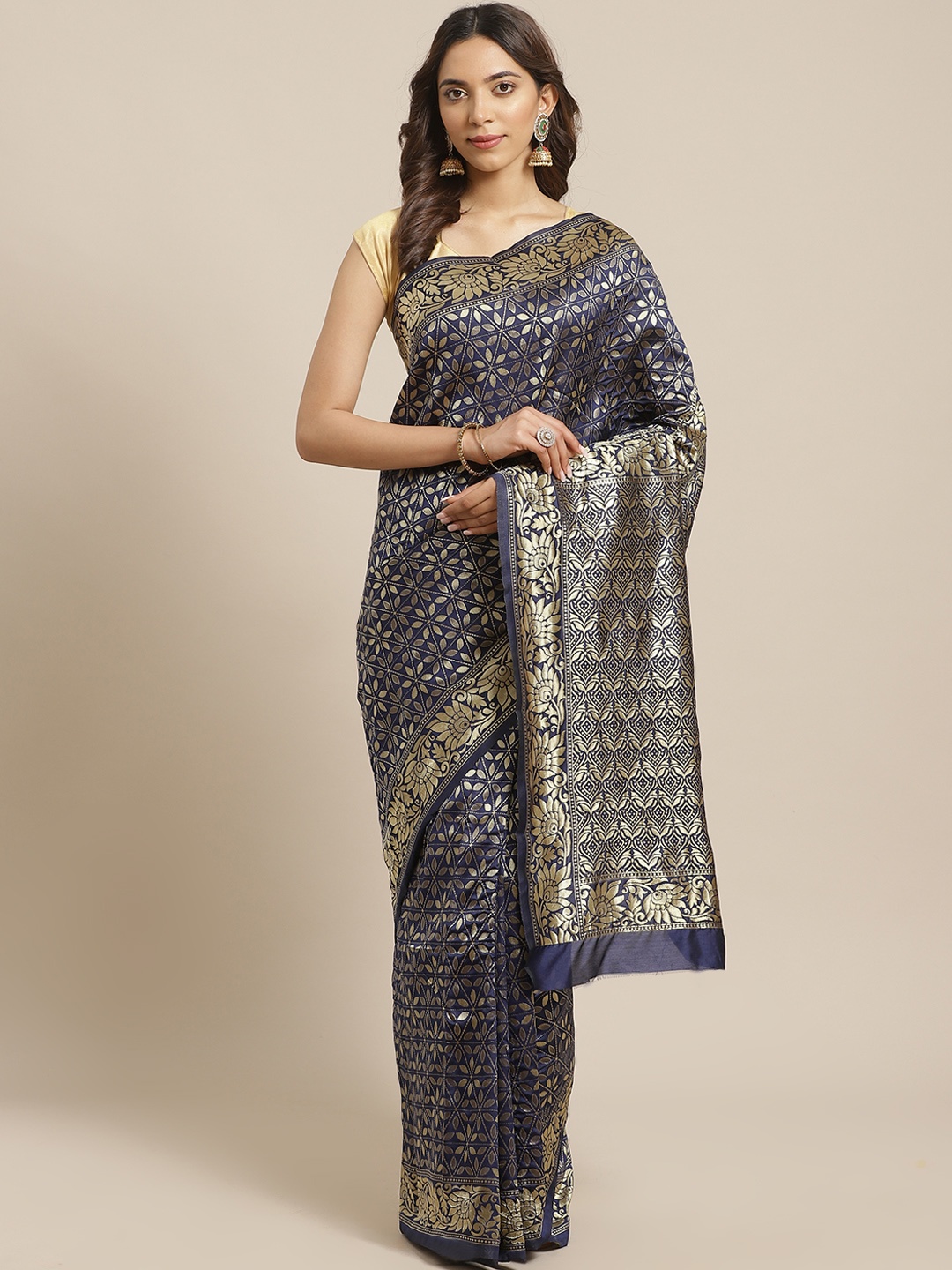 

Mitera Navy Blue & Golden Woven Design Kanjeevaram Saree