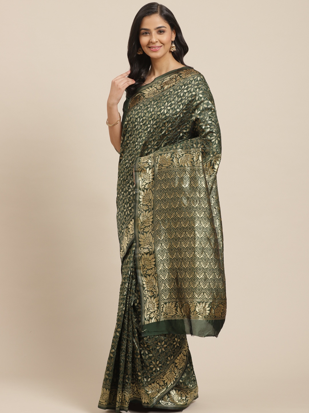 

Mitera Green & Golden Zari Woven Design Kanjeevaram Saree