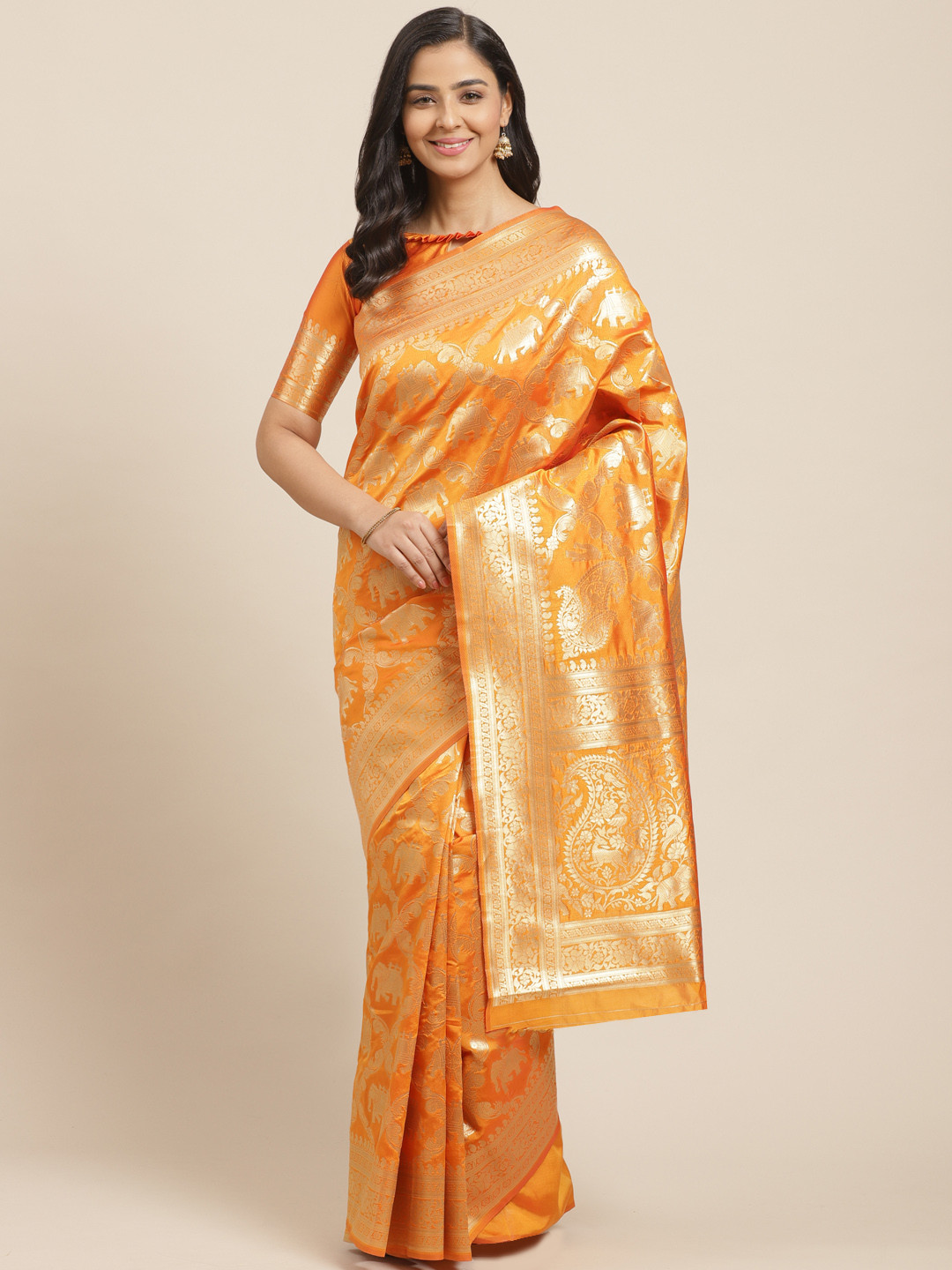

Mitera Mustard Yellow & Golden Zari Woven Design Kanjeevaram Saree