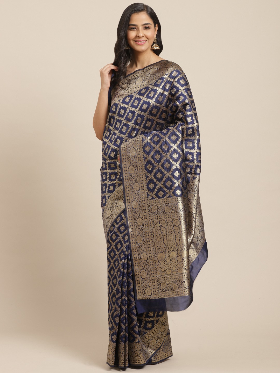 

Mitera Navy Blue & Golden Zari Woven Design Kanjeevaram Saree
