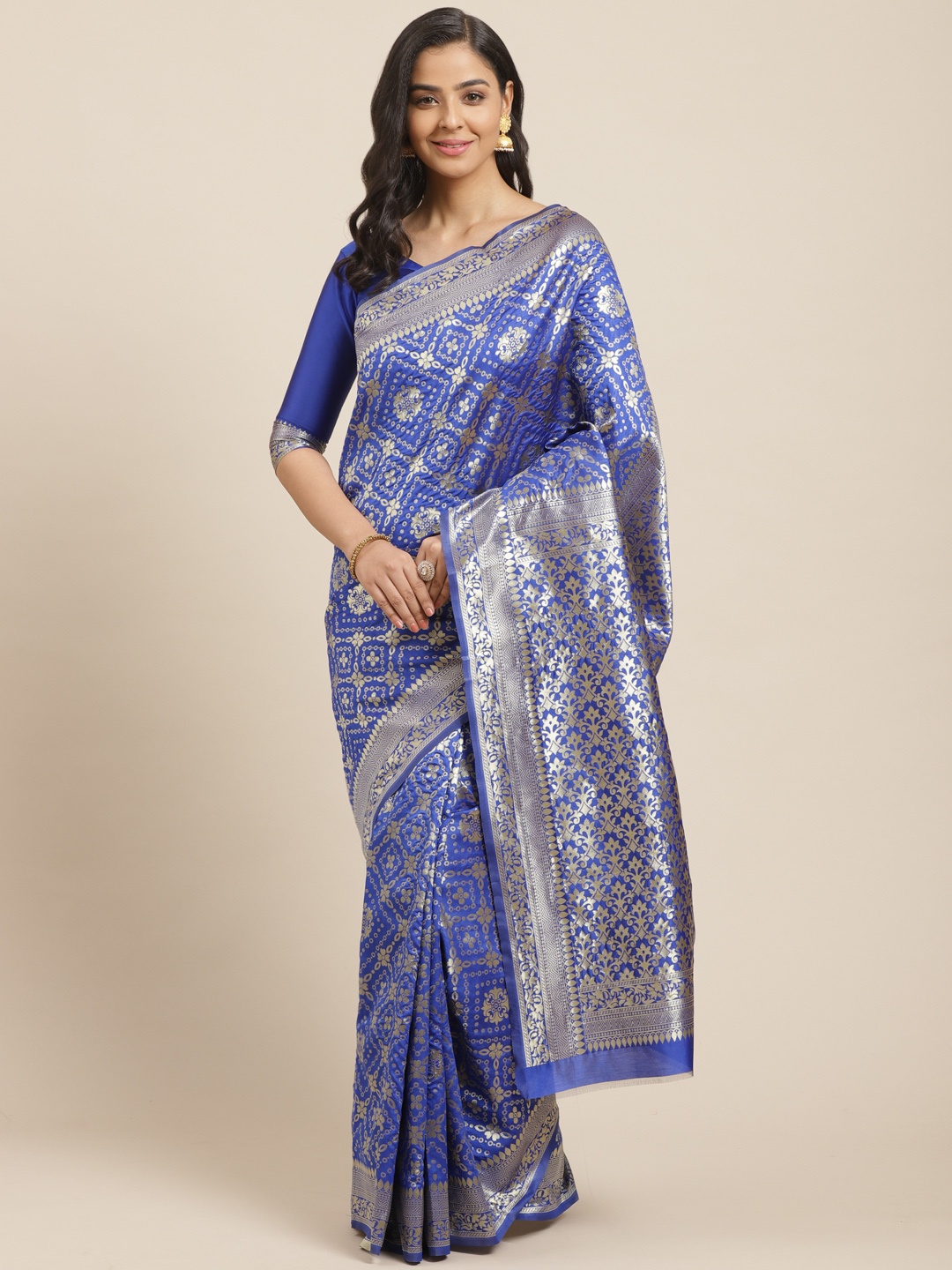 

Mitera Blue & Golden Zari Woven Design Kanjeevaram Saree