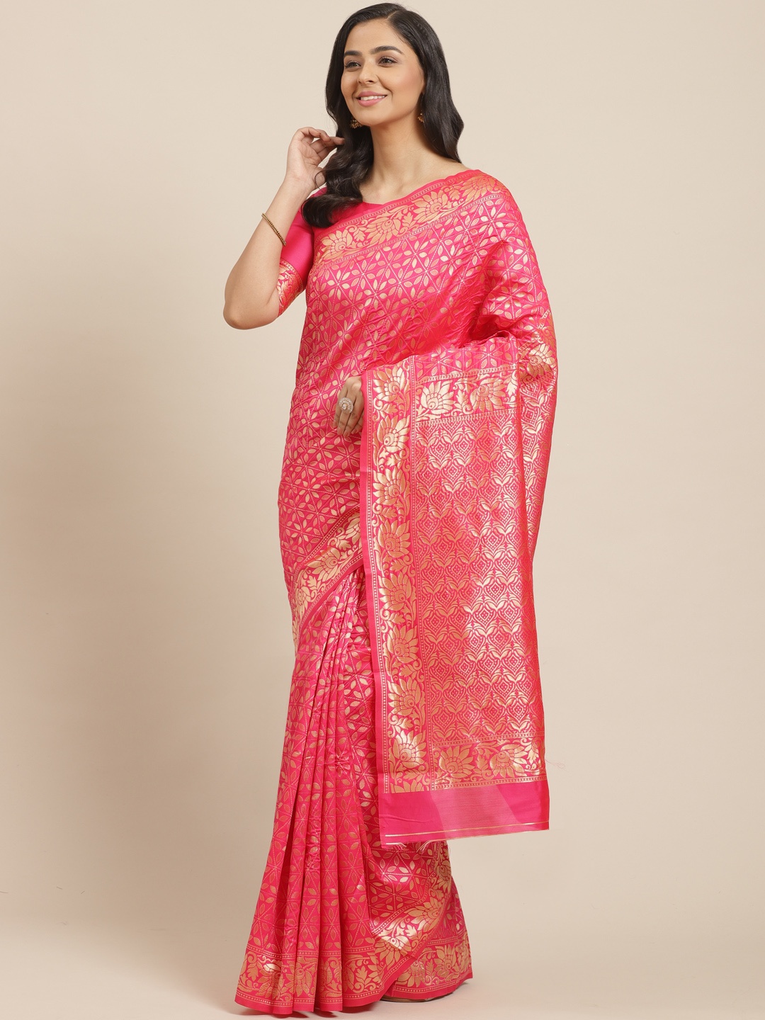 

Mitera Pink & Golden Woven Design Kanjeevaram Saree