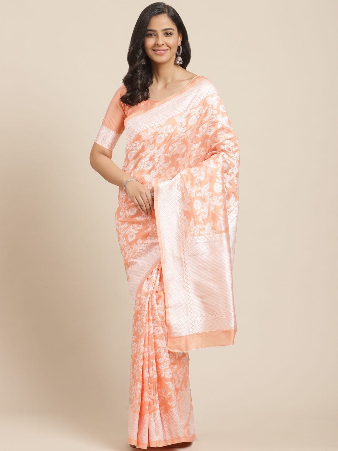 

Mitera Peach-Coloured & Off-White Woven Design Kanjeevaram Saree