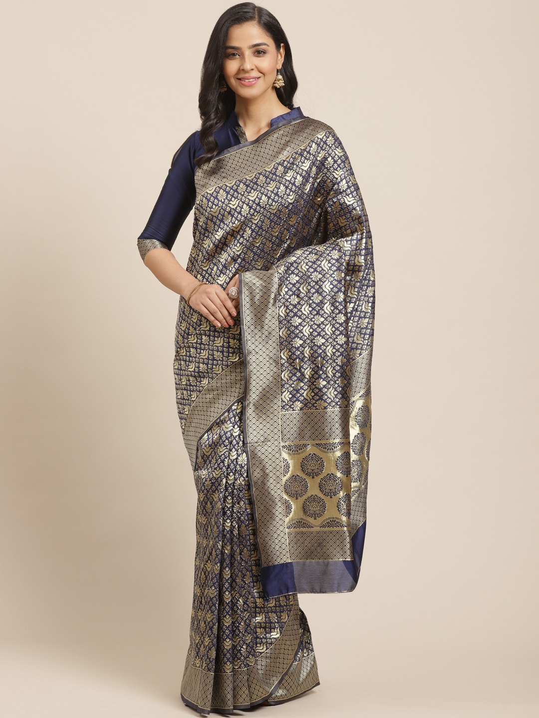 

Mitera Navy Blue & Golden Woven Design Kanjeevaram Saree