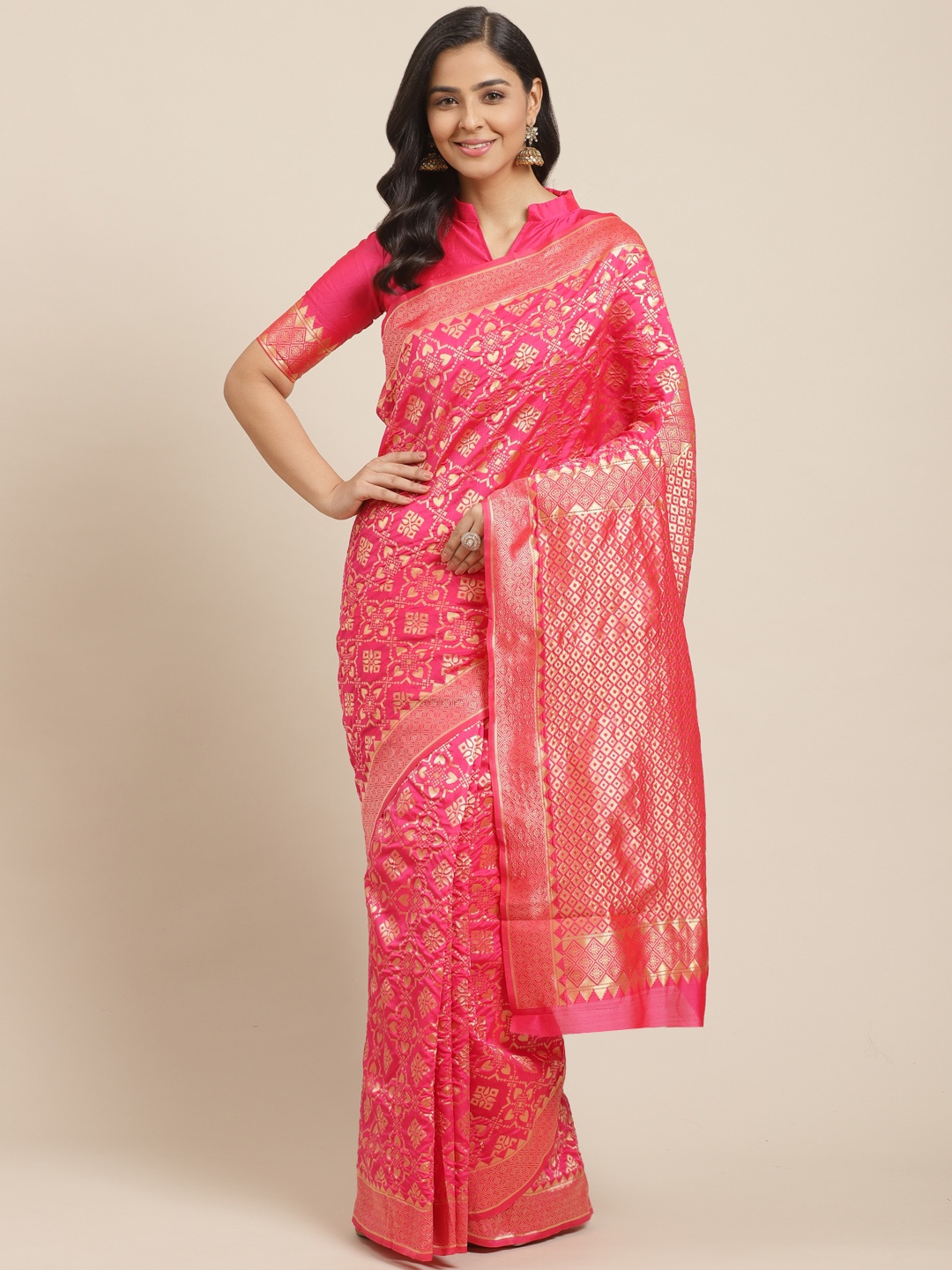 

Mitera Pink & Golden Woven Design Kanjeevaram Saree