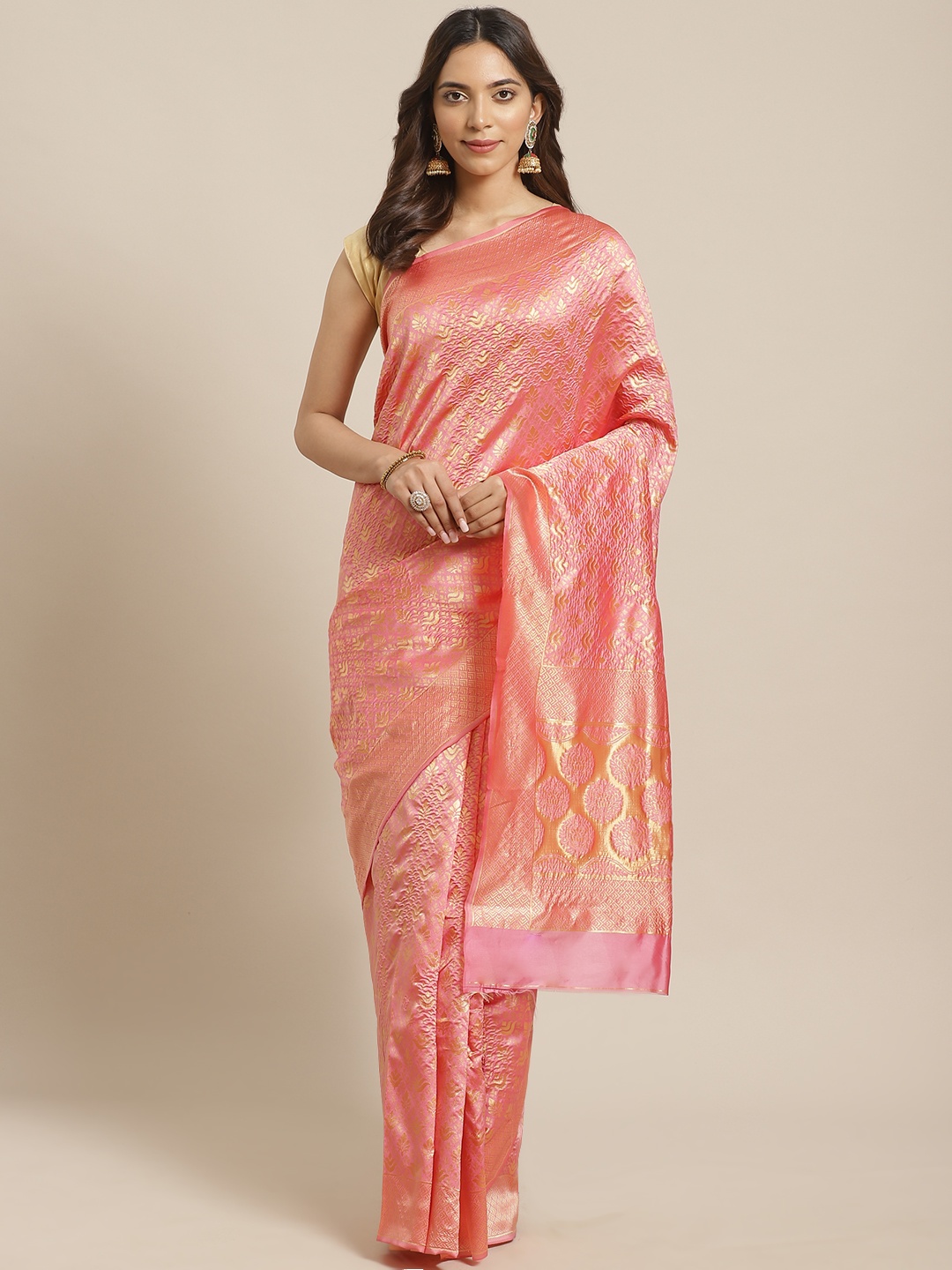 

Mitera Pink & Golden Woven Design Kanjeevaram Saree
