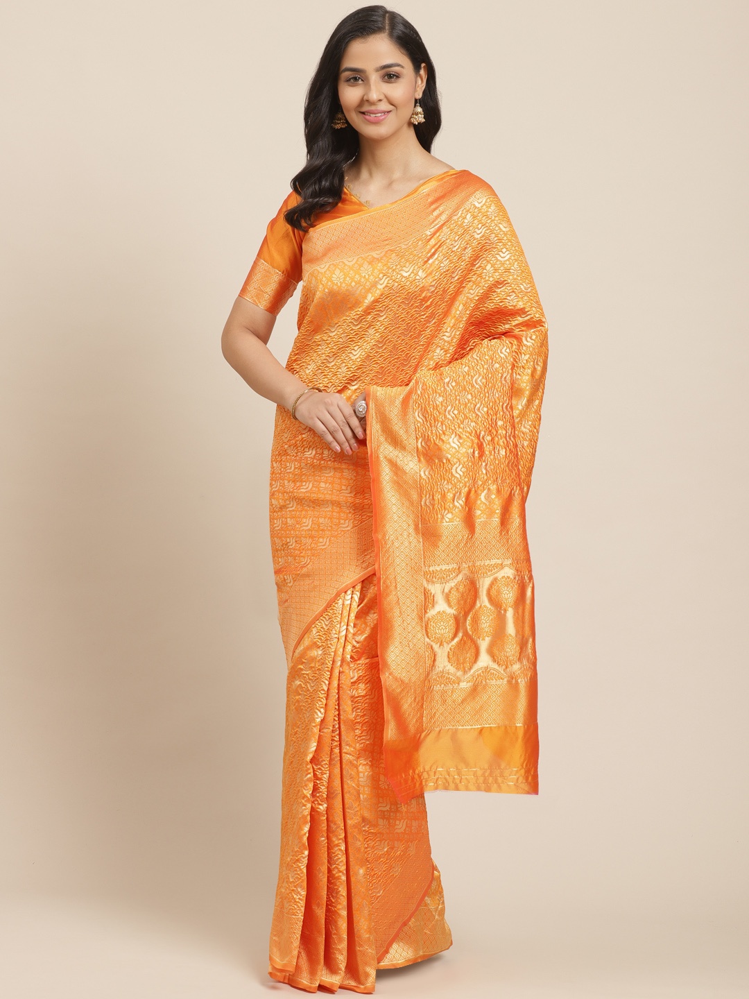 

Mitera Orange & Golden Woven Design Kanjeevaram Saree