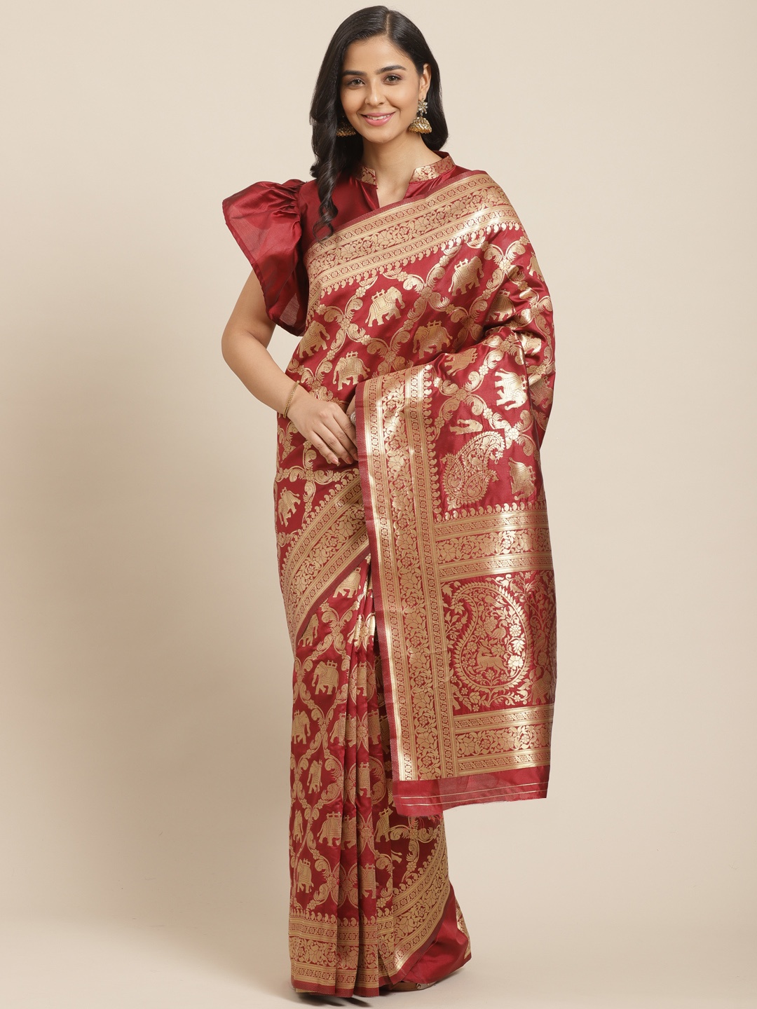 

Mitera Maroon & Golden Woven Design Kanjeevaram Saree