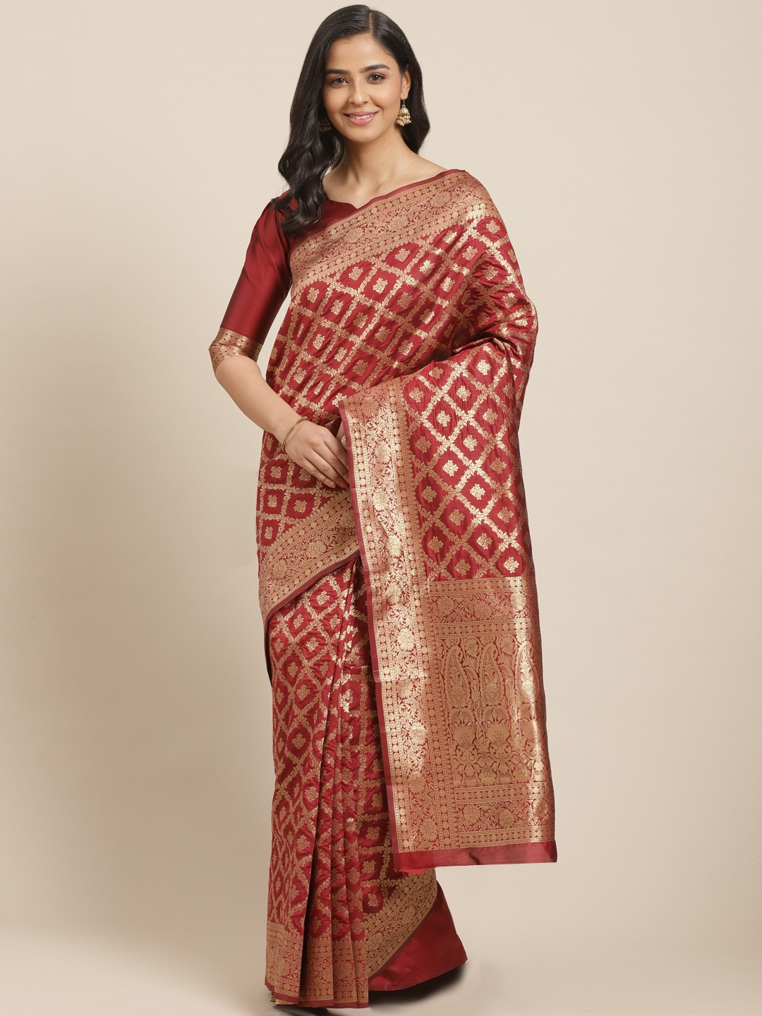 

Mitera Maroon & Golden Woven Design Kanjeevaram Saree