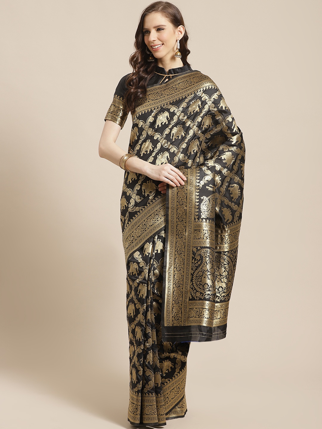 

Mitera Black & Golden Woven Design Kanjeevaram Saree