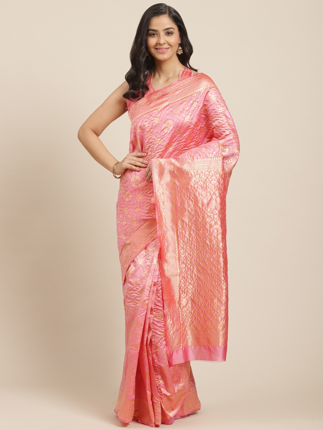 

Mitera Pink & Golden Woven Design Kanjeevaram Saree
