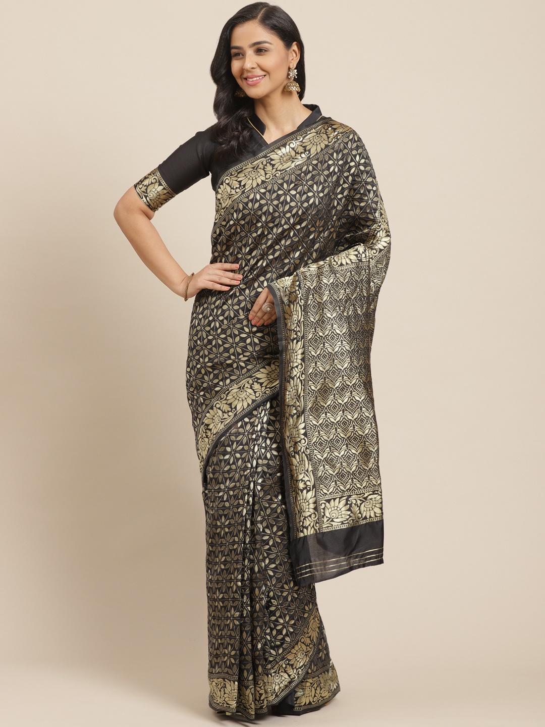 

Mitera Black & Golden Woven Design Kanjeevaram Saree