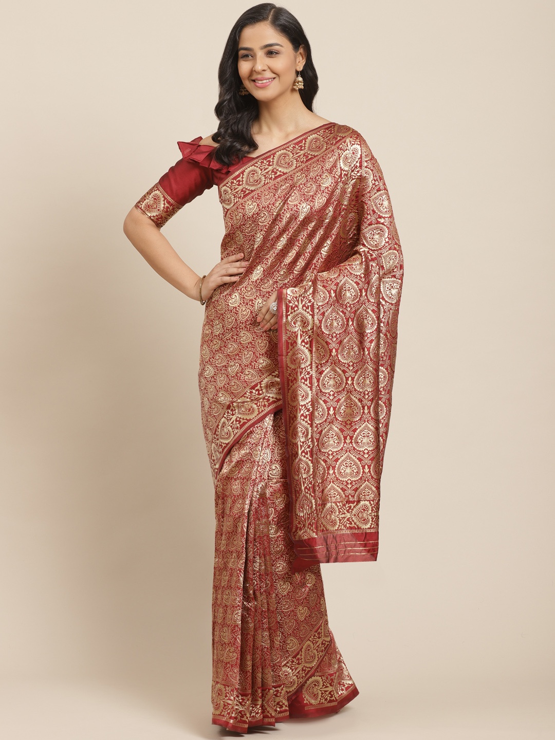 

Mitera Maroon & Golden Woven Design Kanjeevaram Saree