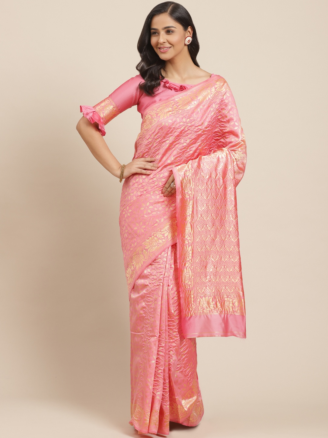 

Mitera Pink & Golden Woven Design Kanjeevaram Saree