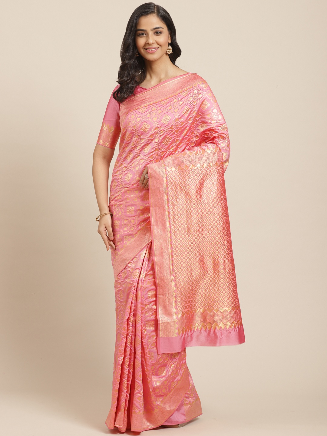 

Mitera Pink & Golden Woven Design Kanjeevaram Saree
