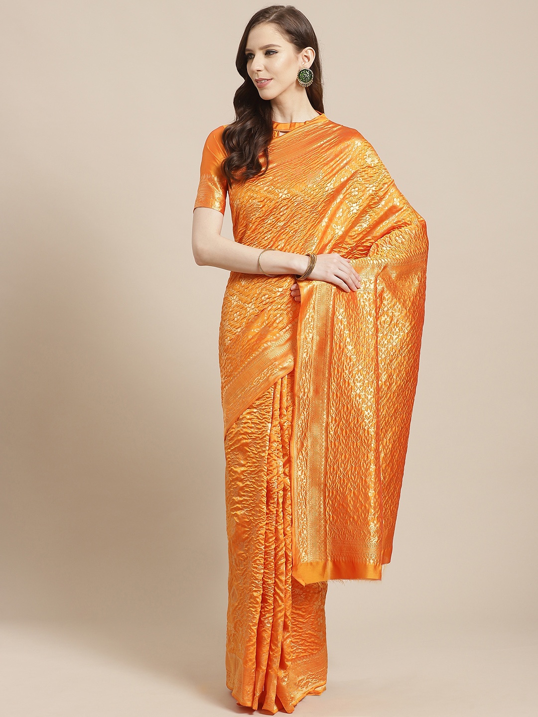 

Mitera Orange & Golden Woven Design Kanjeevaram Saree