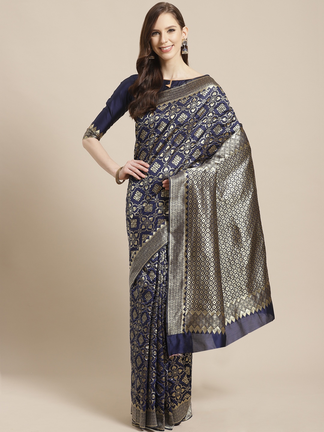 

Mitera Navy Blue & Golden Woven Design Kanjeevaram Saree
