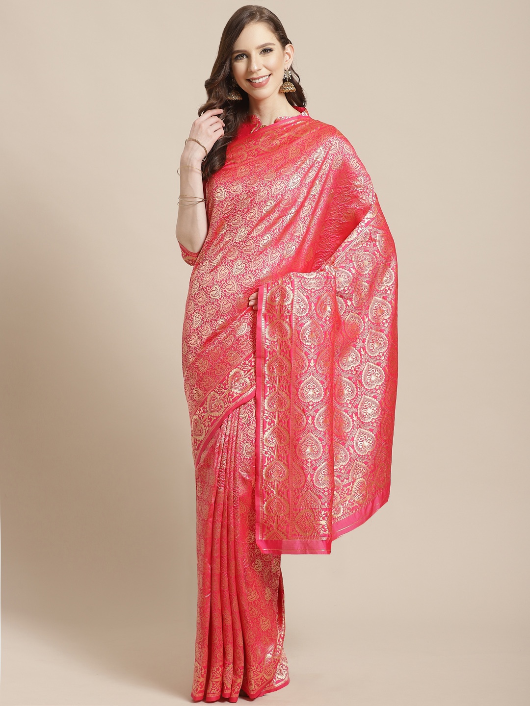 

Mitera Pink & Golden Woven Design Kanjeevaram Saree