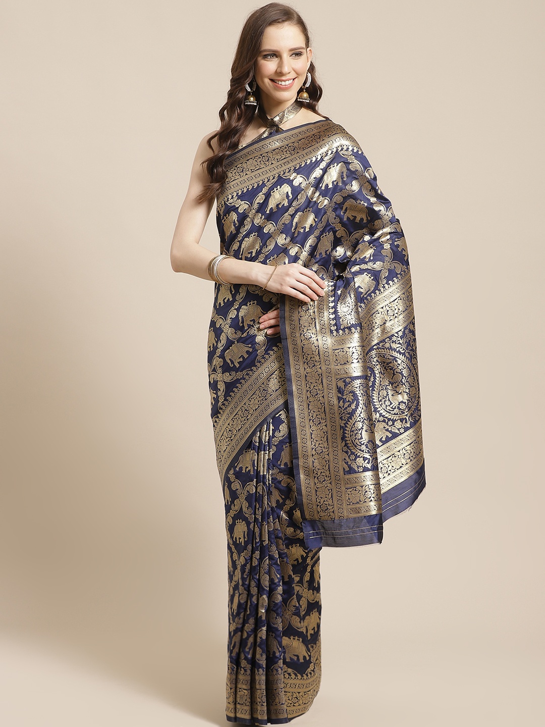 

Mitera Navy Blue & Golden Woven Design Kanjeevaram Saree
