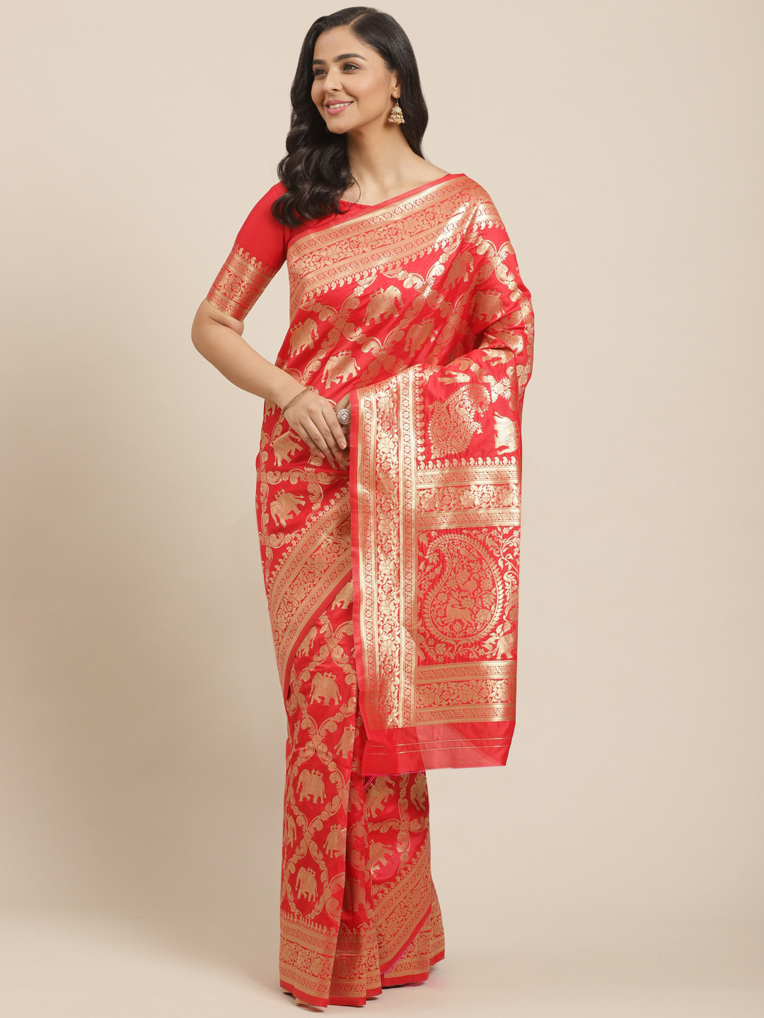

Mitera Red & Golden Woven Design Kanjeevaram Saree