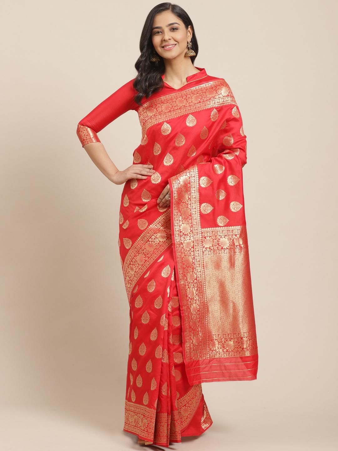 

Mitera Red & Golden Woven Design Kanjeevaram Saree