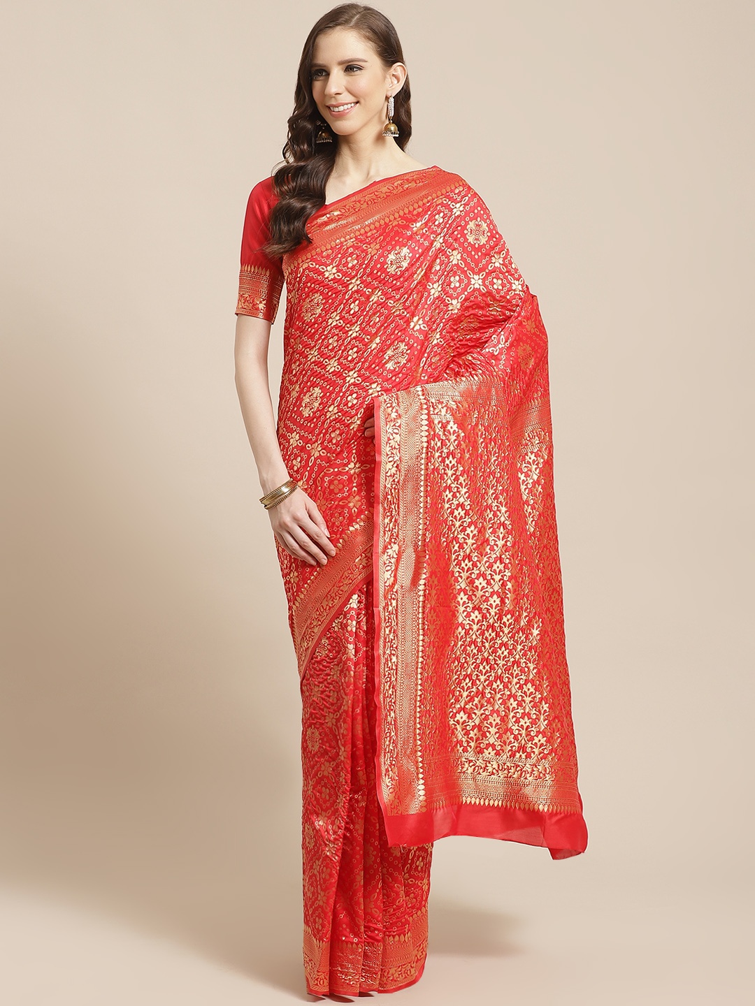 

Mitera Red & Golden Woven Design Kanjeevaram Saree