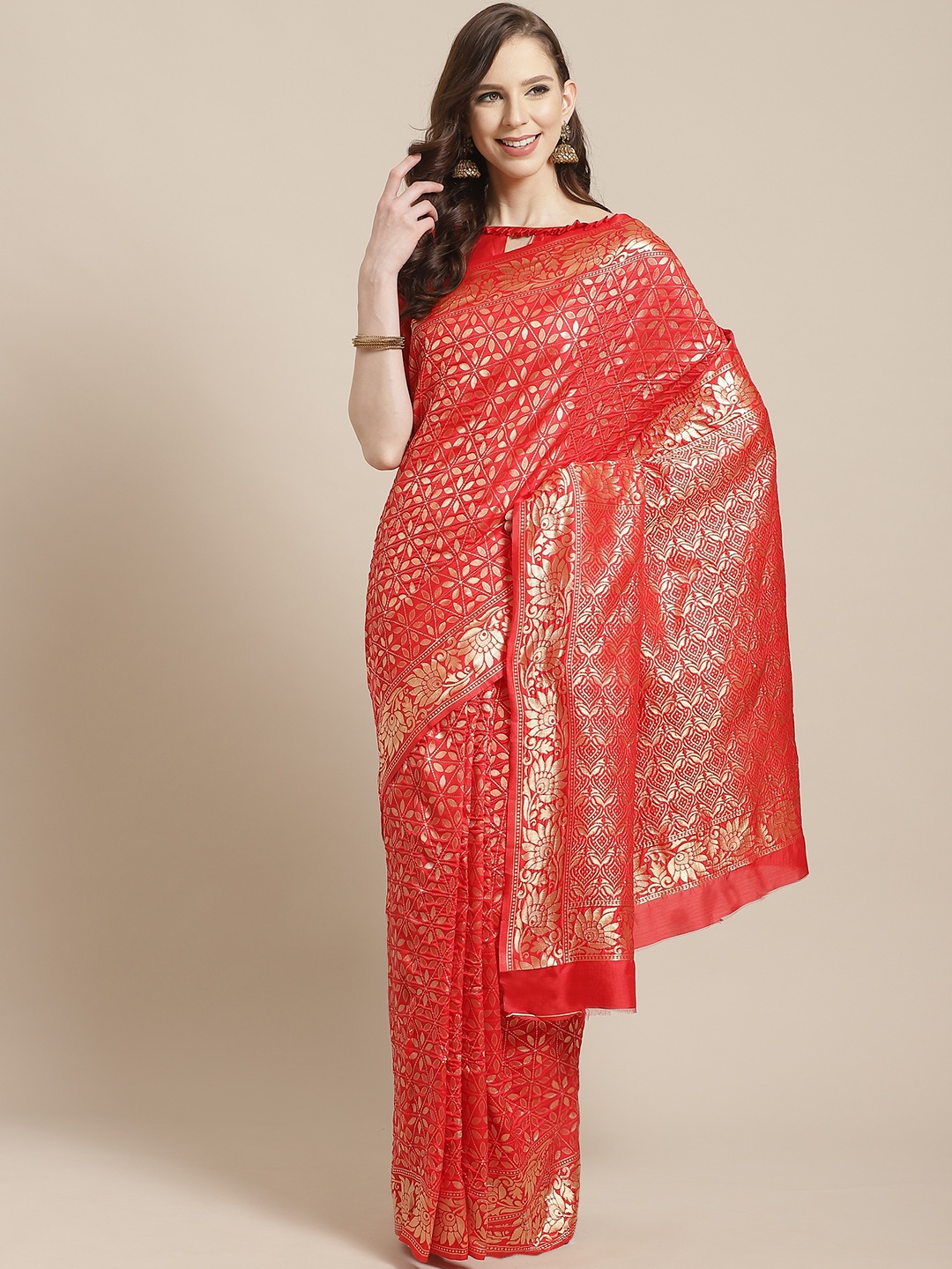 

Mitera Red & Golden Woven Design Kanjeevaram Saree