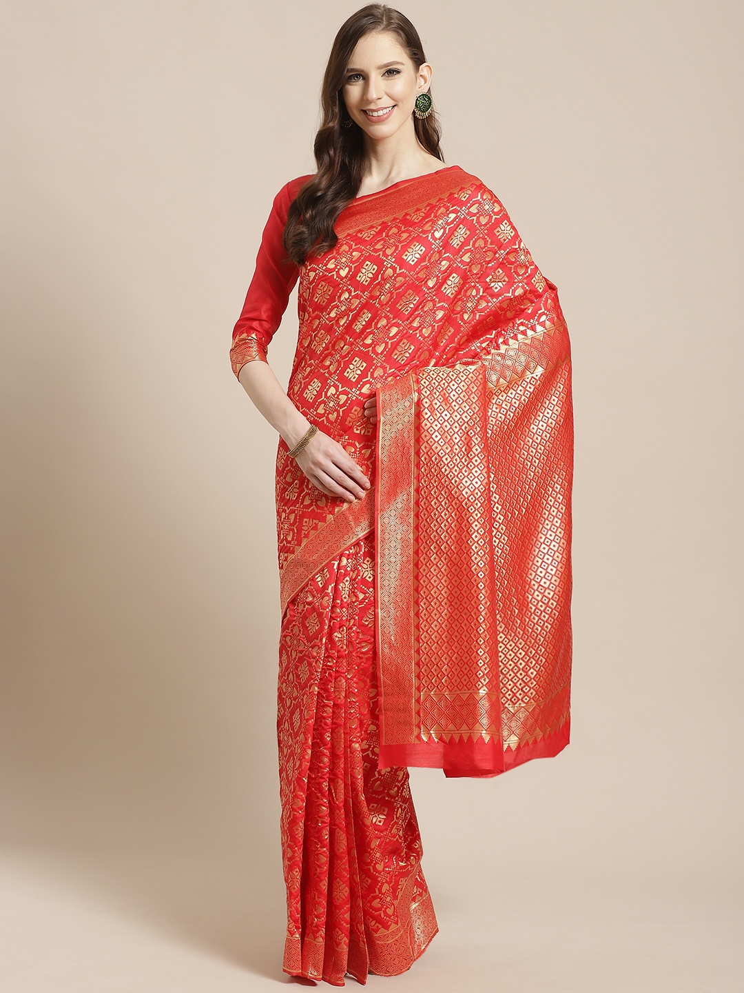 

Mitera Red & Golden Woven Design Kanjeevaram Saree