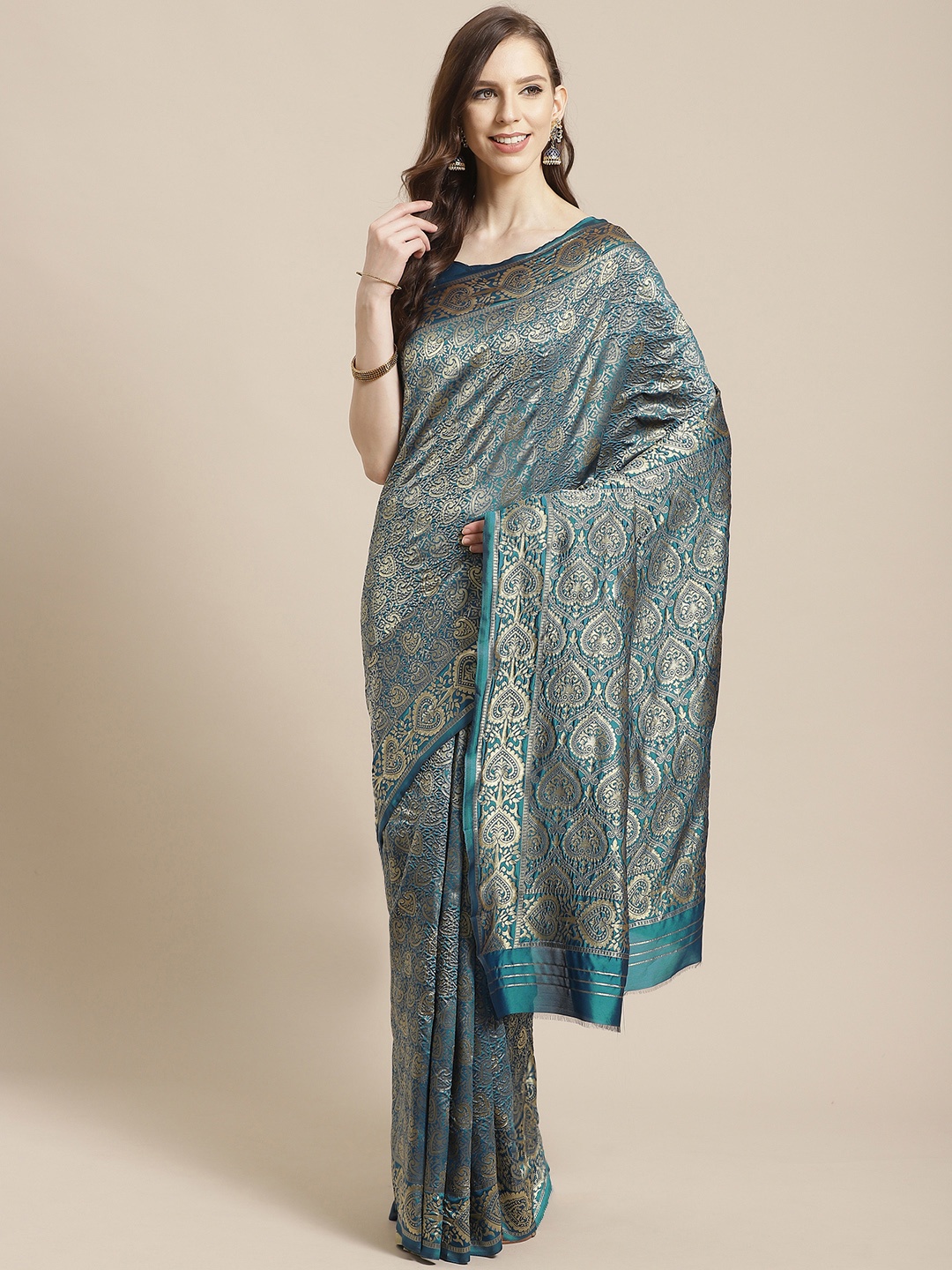 

Mitera Teal Blue & Golden Woven Design Kanjeevaram Saree