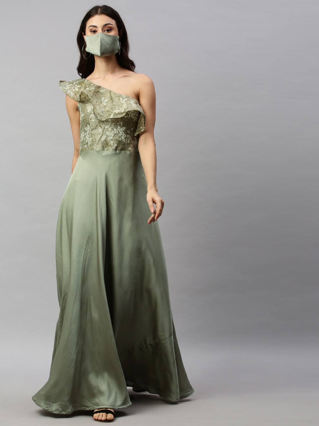 

Ethnovog Women Green Made to Measure Printed One Shoulder Maxi Dress
