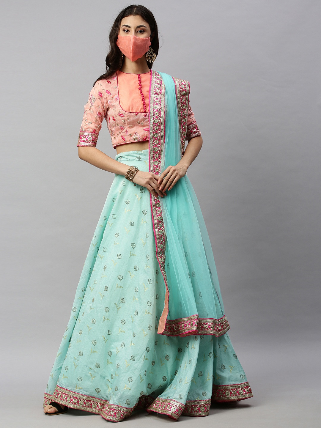 

Ethnovog Sea Green Peach-Coloured Embroidered Made to Measure Lehenga Blouse with Dupatta