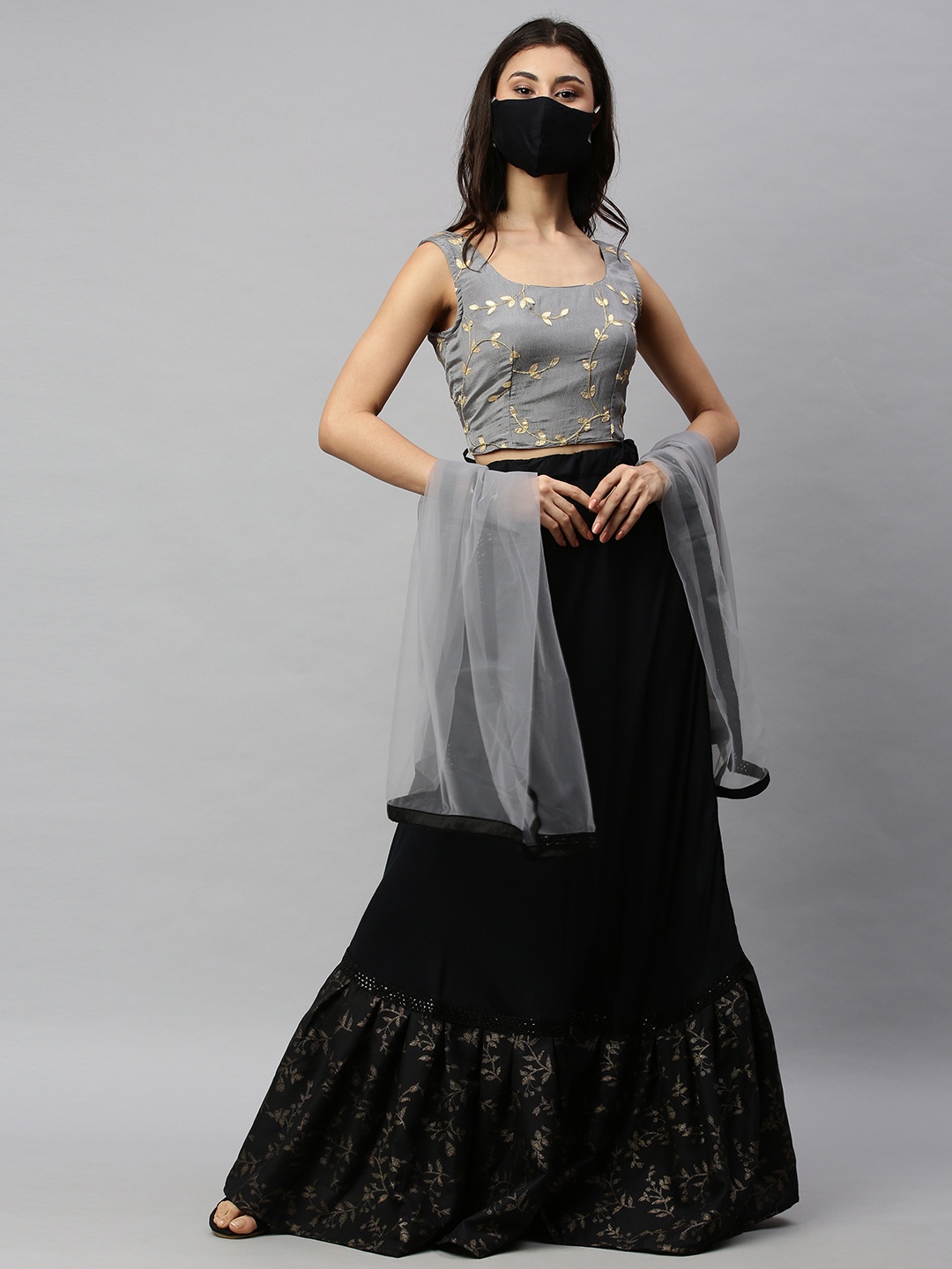 

Ethnovog Grey Black Embellished Made to Measure Lehenga Blouse with Dupatta