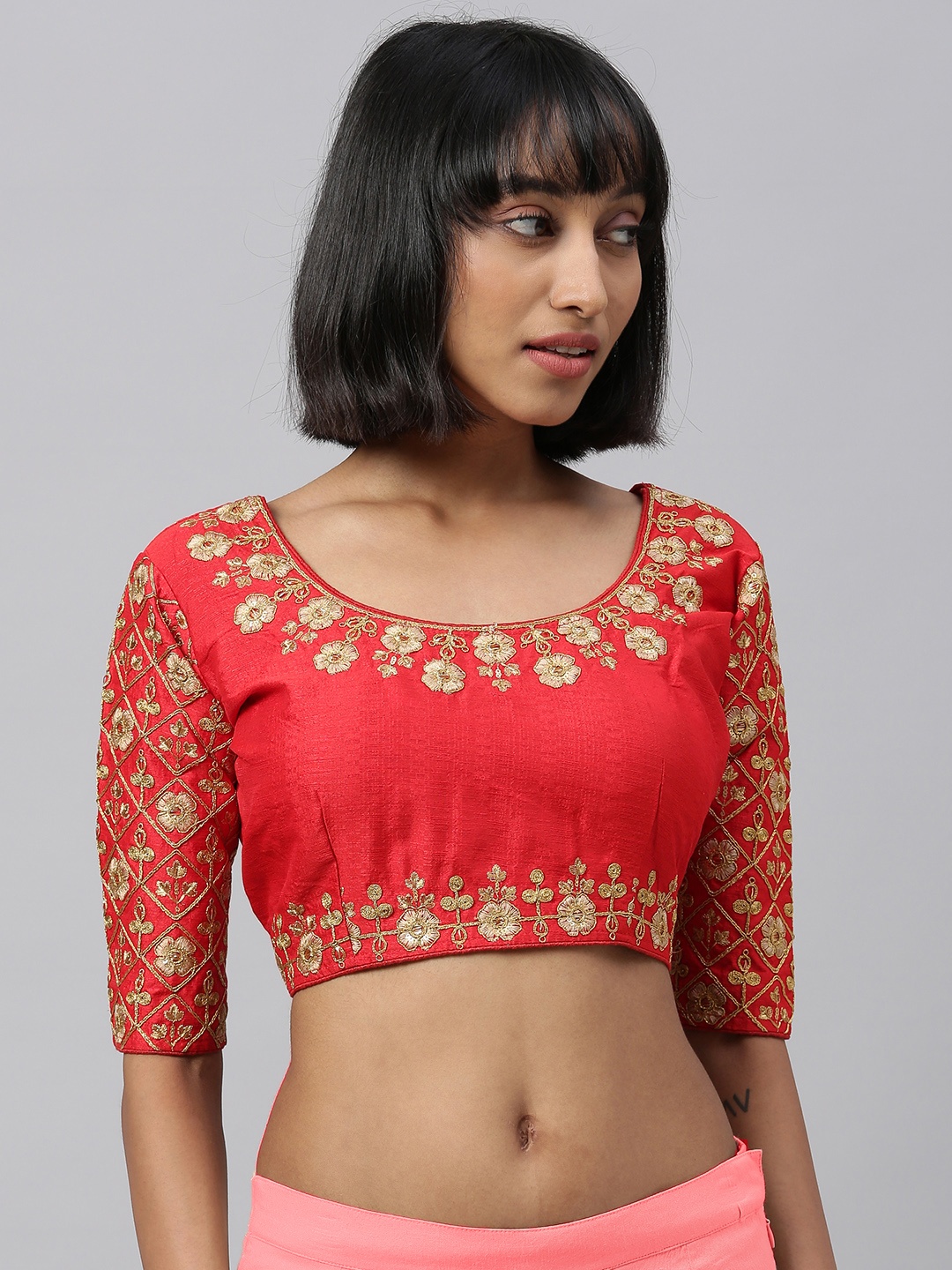 

Amrutam Fab Women Red & Gold-Toned Embroidered Saree Blouse