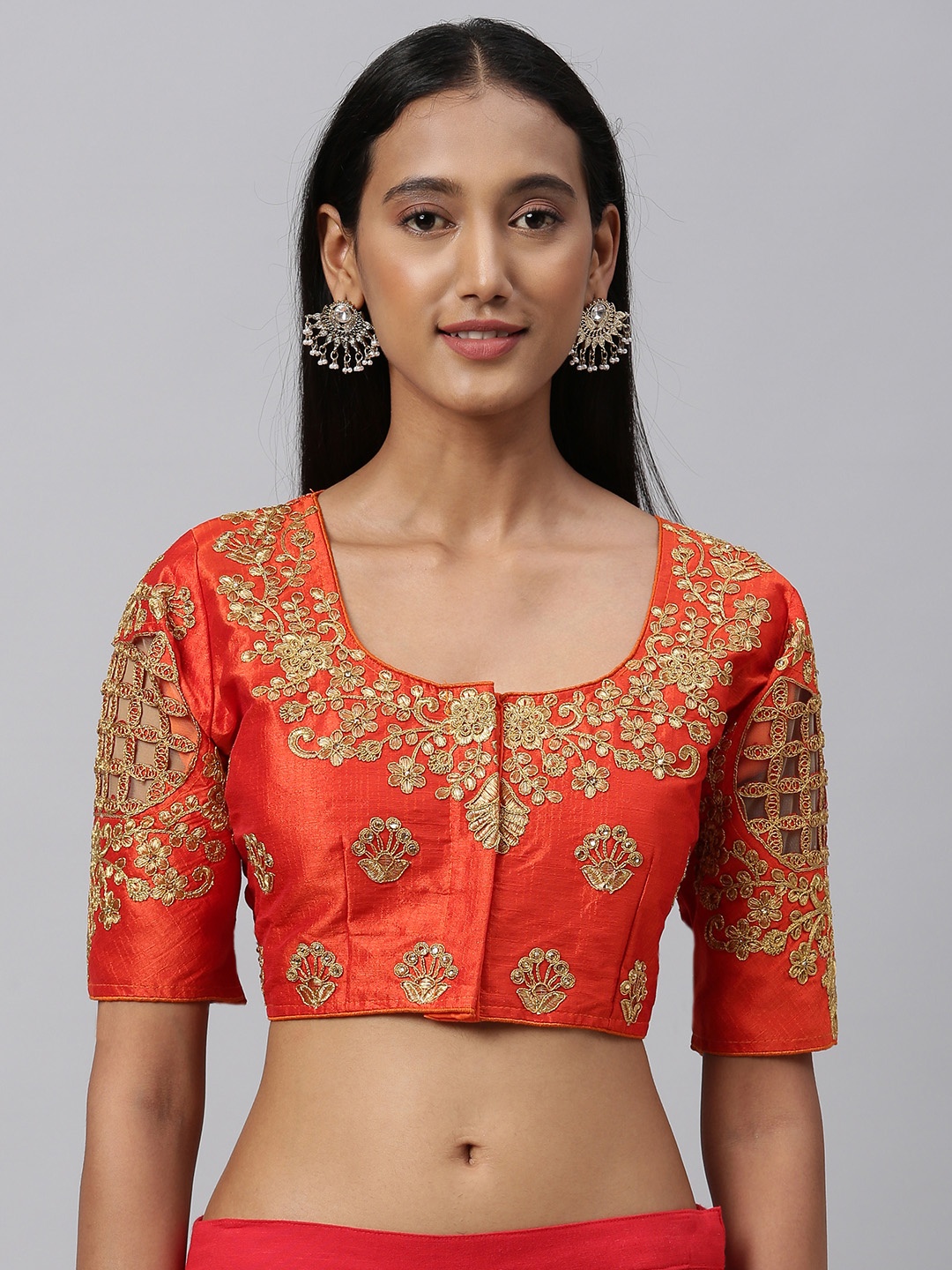 

Amrutam Fab Women Orange & Gold-Toned Embroidered Phantom Silk Blouse