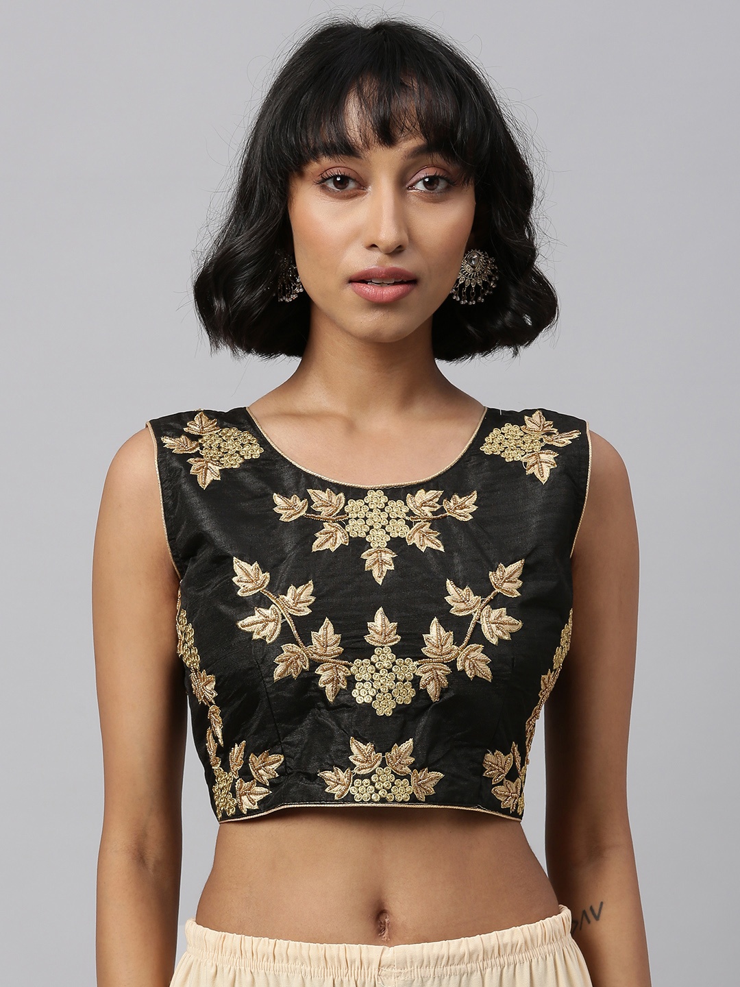 

Amrutam Fab Women Black & Gold-Coloured Embroidered Saree Blouse