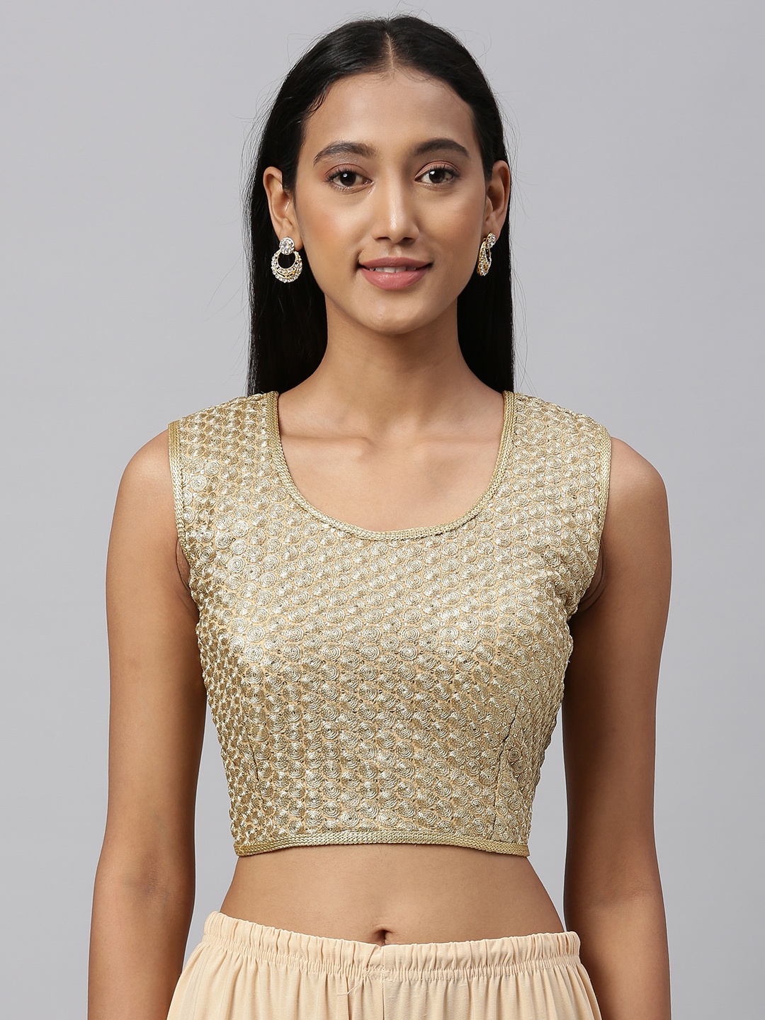 

Amrutam Fab Women's Sequence Embroidered Beige Silk Blouse With Scoop Neck