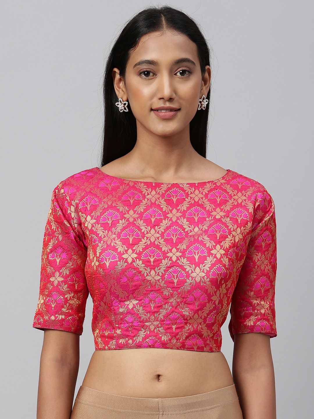 

Amrutam Fab Women's jacquard Pink and Gold Floral Blouse With Round Neck