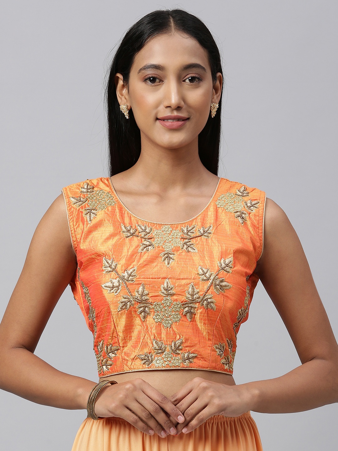 

Amrutam Fab Women Orange & Golden Embroidered Malbari Silk Saree Blouse with Beads